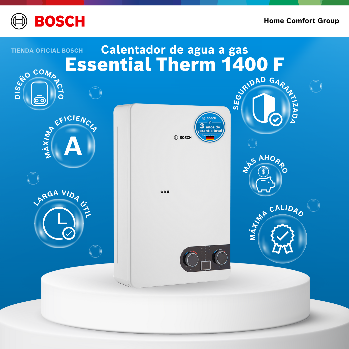 CALENTADOR DE PASO A GAS BOSCH 10 LITROS TIRO FORZADO THERM 1400