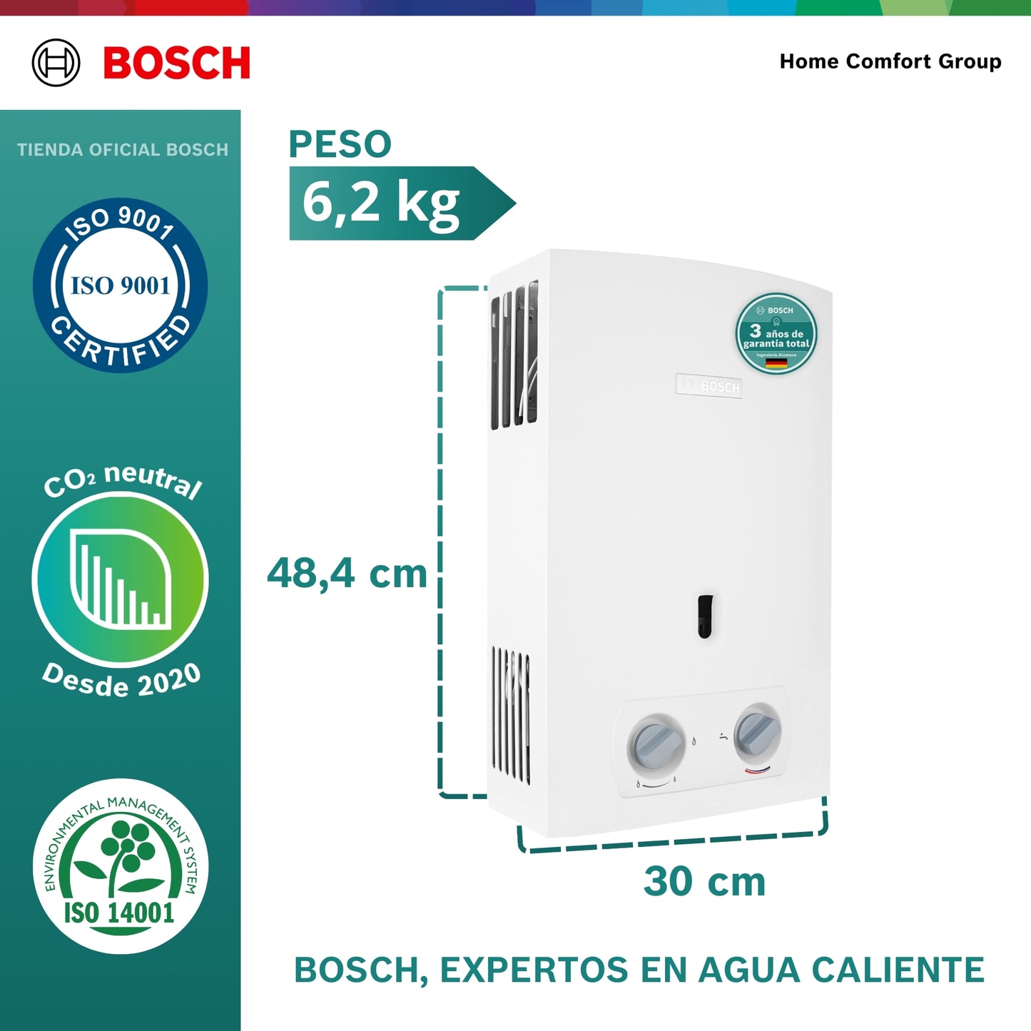 CALENTADOR DE PASO A GAS BOSCH 6 LITROS TIRO NATURAL THERM 1000 O