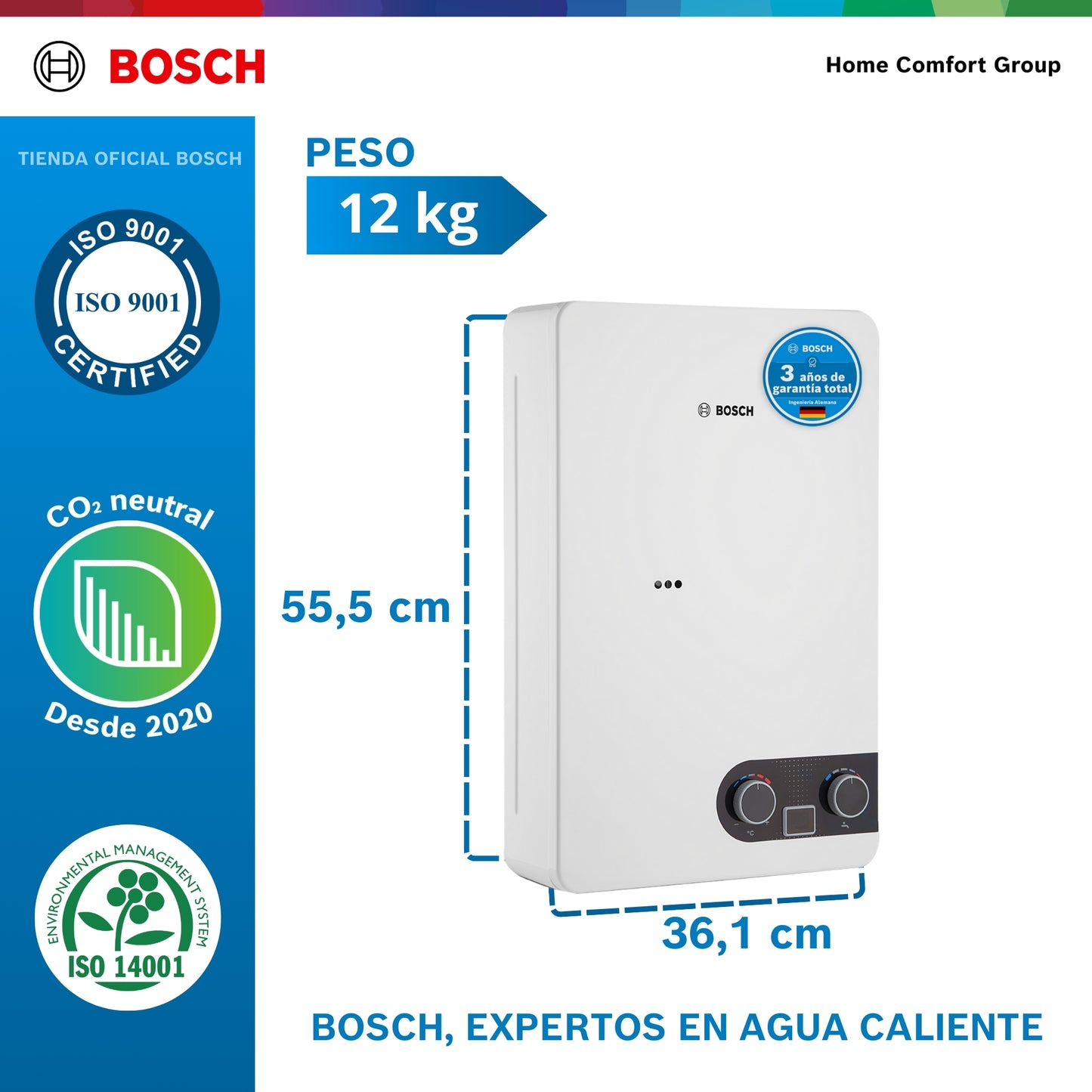 CALENTADOR DE PASO A GAS BOSCH 12 LITROS TIRO FORZADO THERM 1400