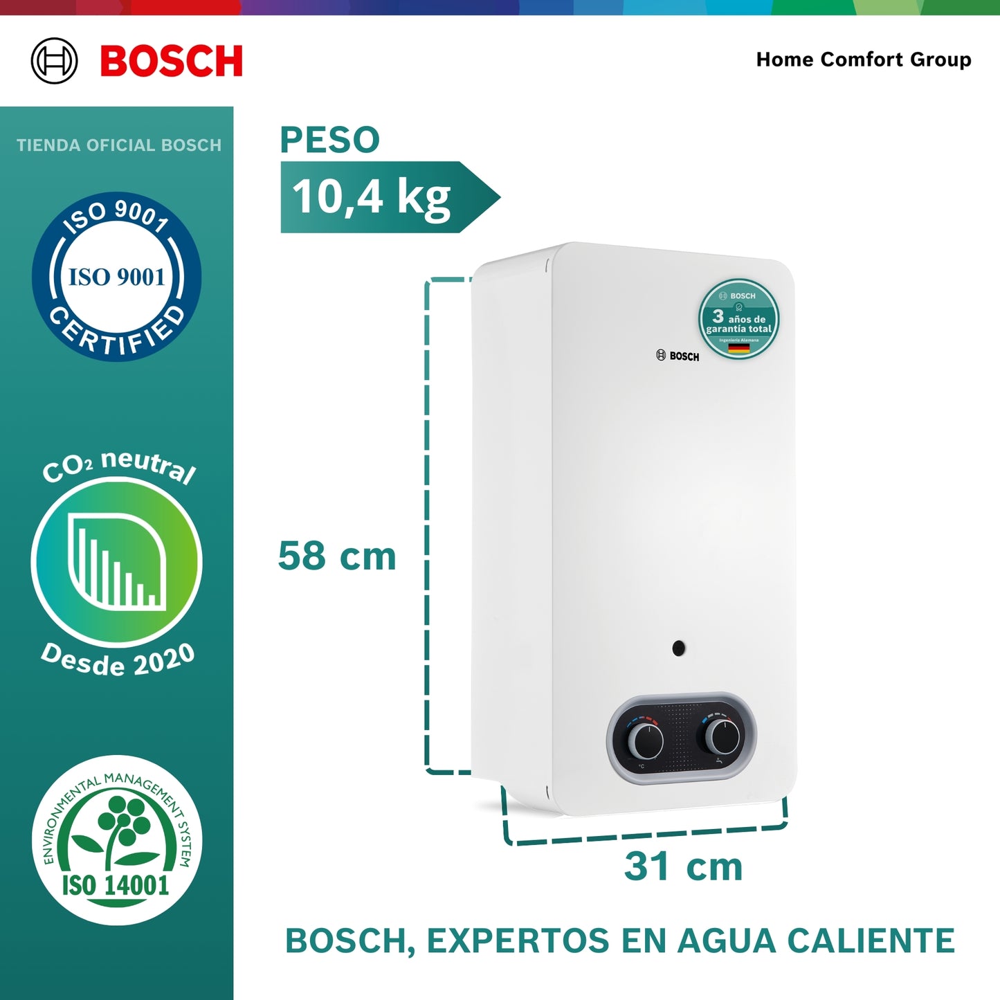 CALENTADOR DE PASO A GAS BOSCH 10 LITROS TIRO NATURAL THERM 2200