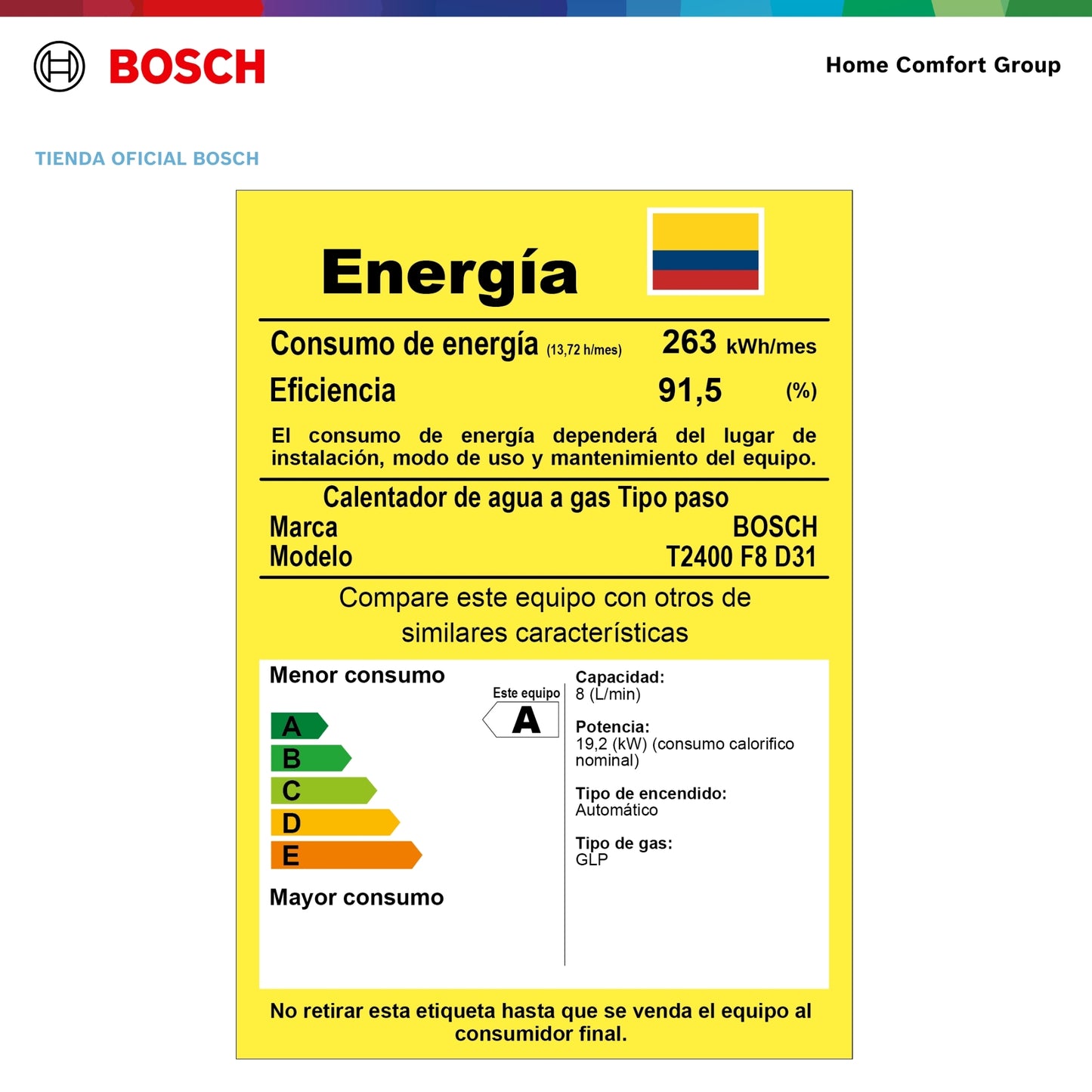 CALENTADOR DE PASO A GAS BOSCH 8 LITROS TIRO FORZADO THERM 2400