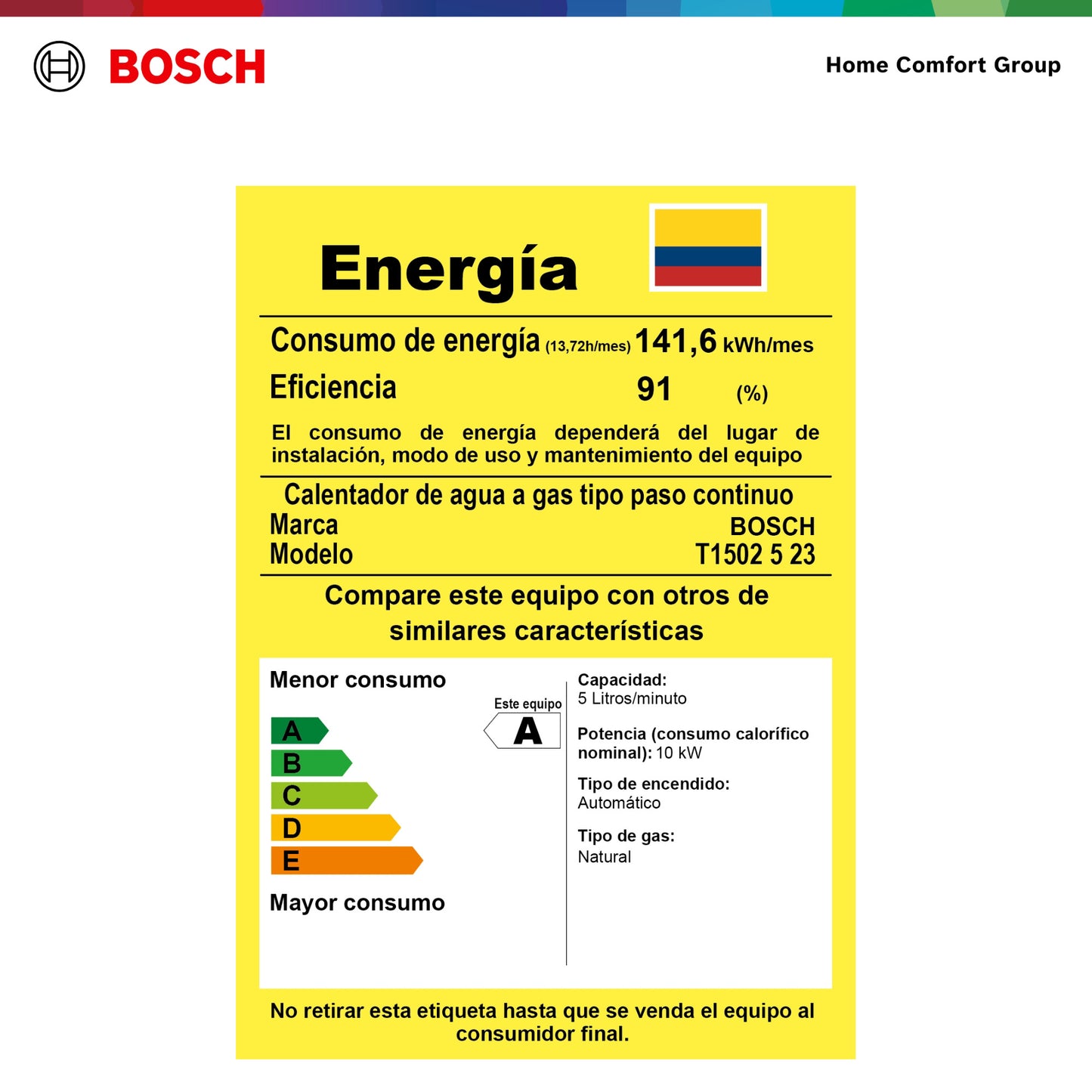 CALENTADOR DE PASO A GAS BOSCH 5 LITROS TIRO NATURAL VITAL 1500