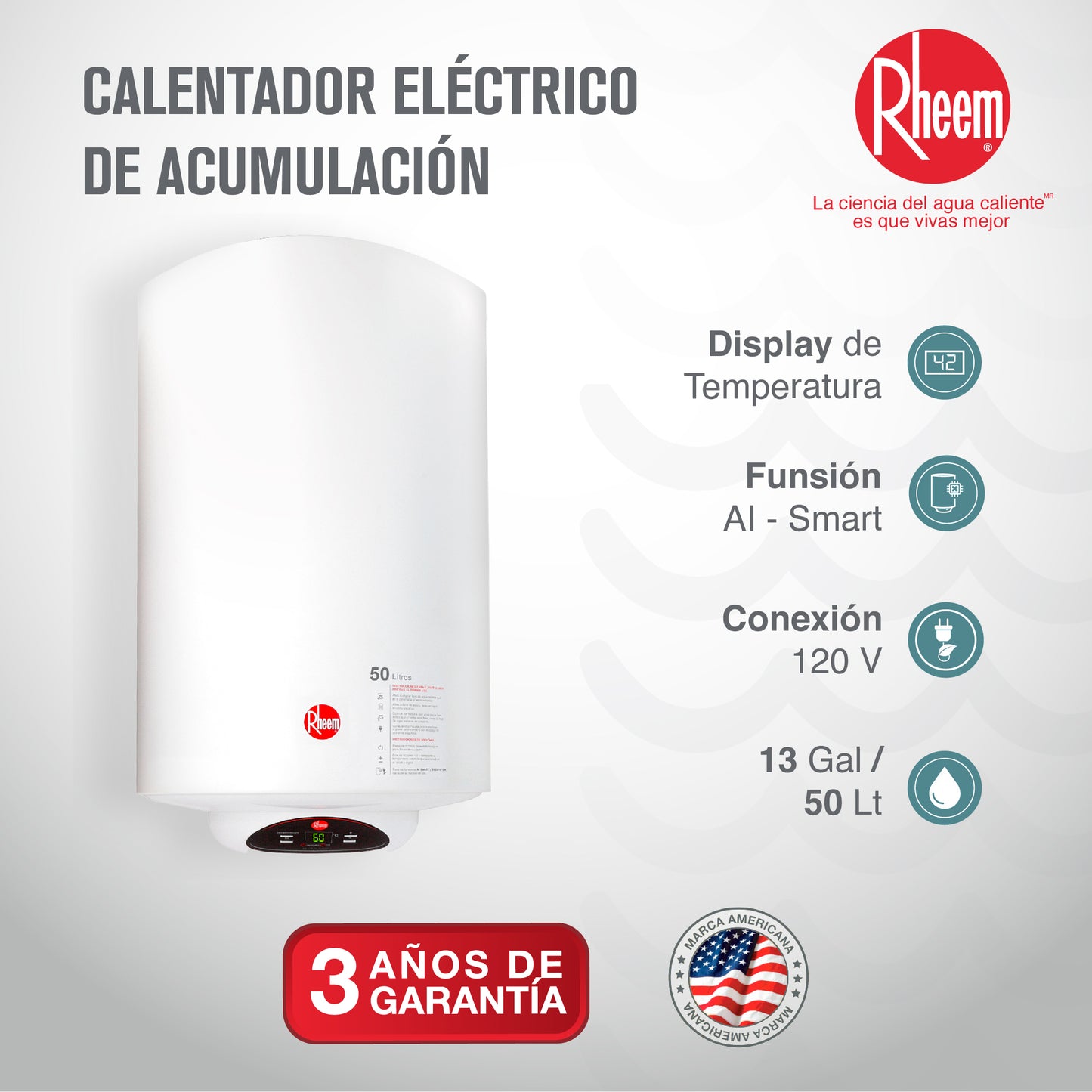 CALENTADOR DE ACUMULACIÓN RHEEM ELÉCTRICO 13 GALONES / 50 LITROS