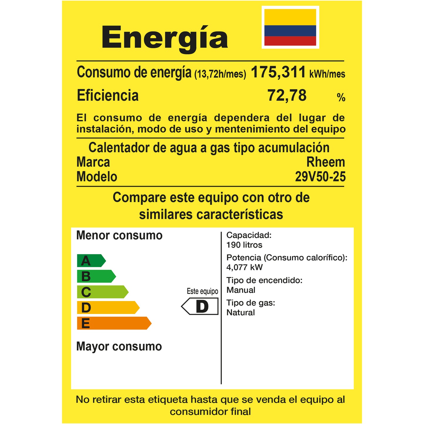 CALENTADOR DE AGUA A GAS DE ACUMULACIÓN RHEEM 50 GALONES / 190 LITROS