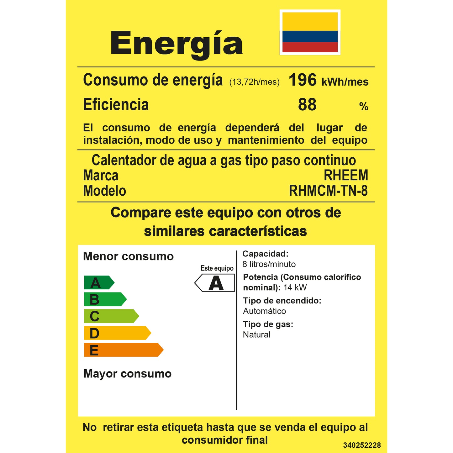 CALENTADOR DE AGUA A GAS 8 LITROS TIRO NATURAL RHEEM