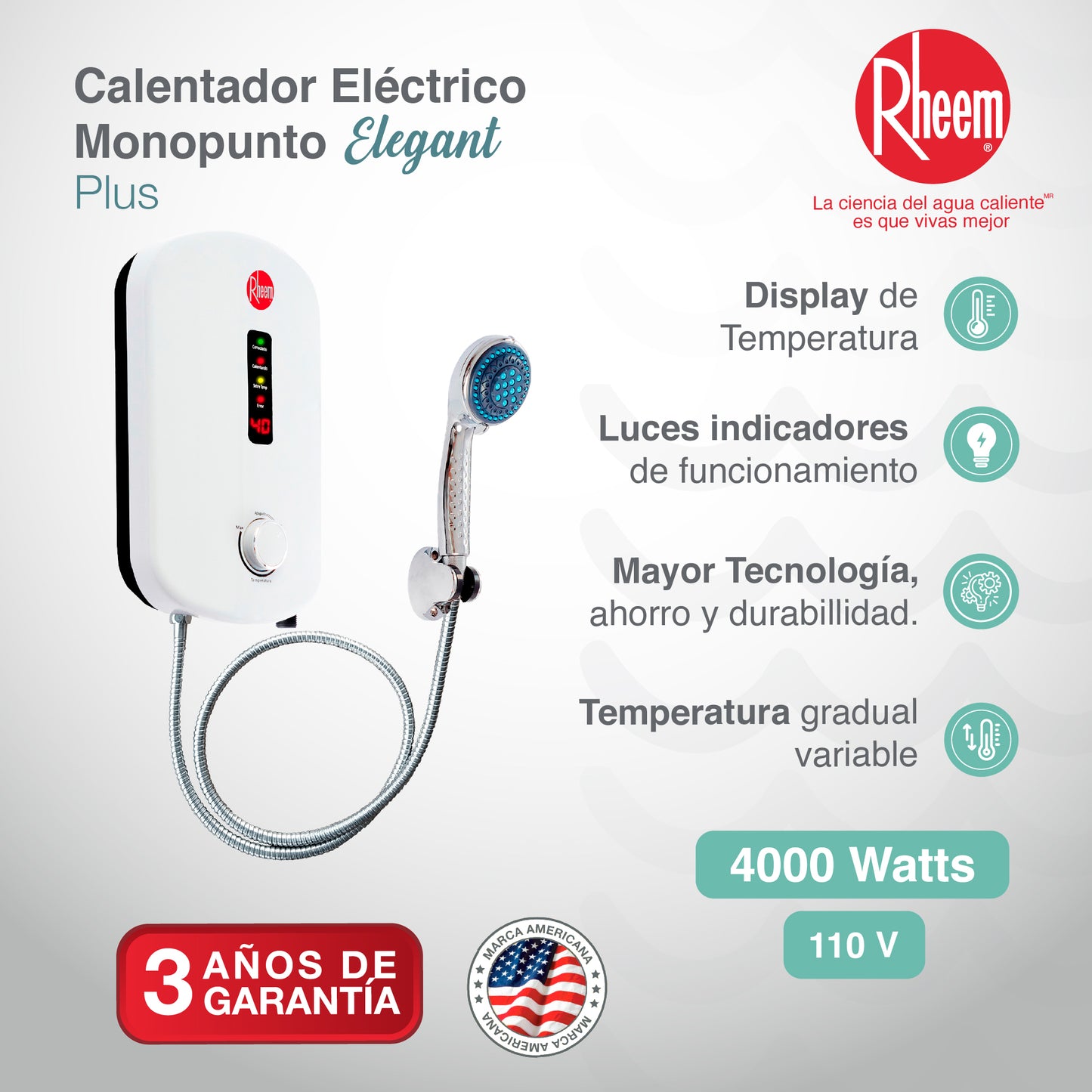 CALENTADOR DE PASO ELÉCTRICO RHEEM ELEGANT PLUS 110V 4KW