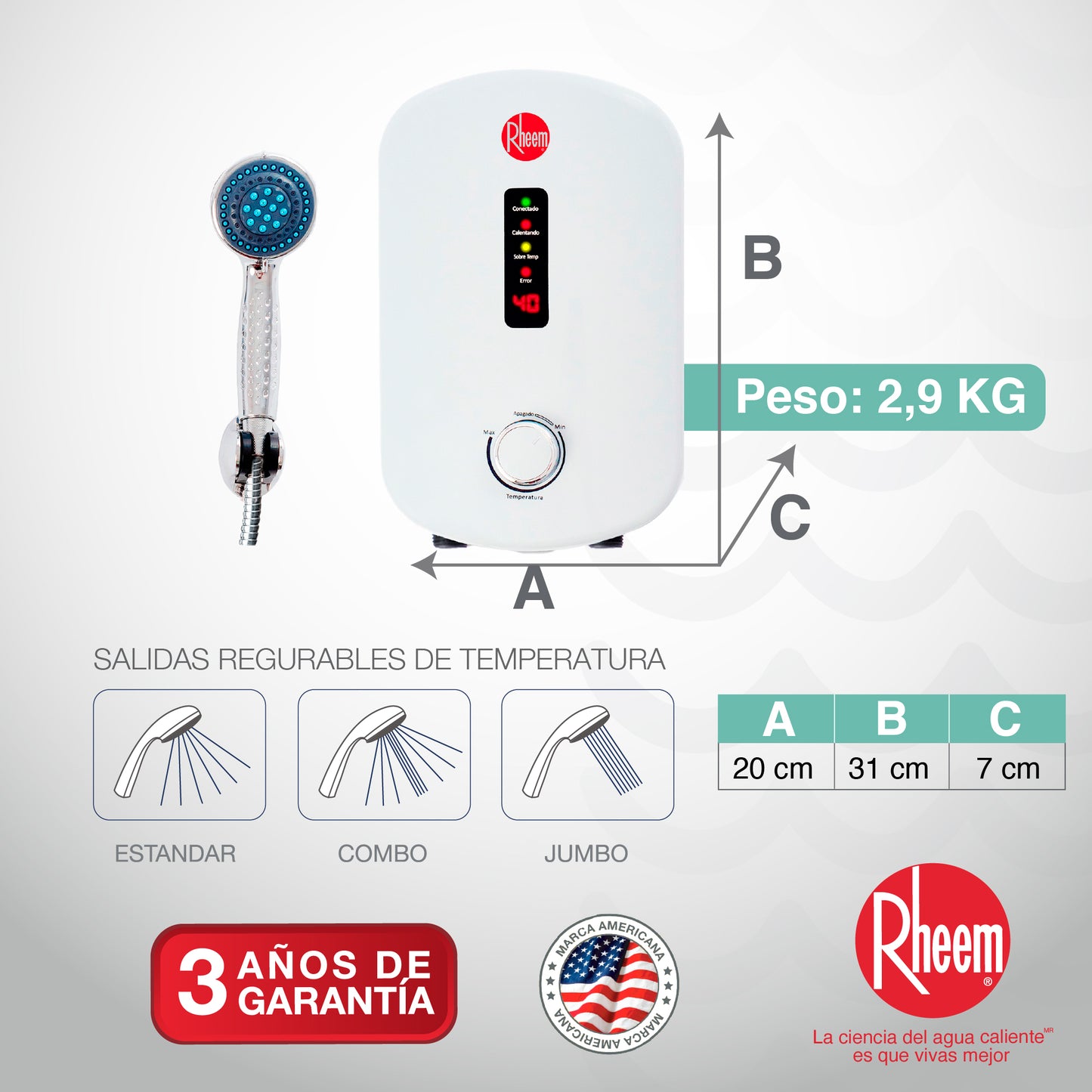 CALENTADOR DE PASO ELÉCTRICO RHEEM ELEGANT PLUS 110V 4KW