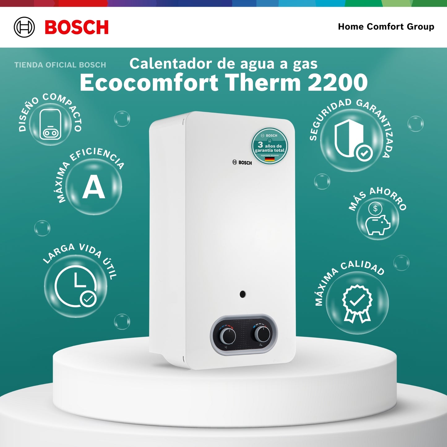 CALENTADOR DE PASO A GAS BOSCH 10 LITROS TIRO NATURAL THERM 2200