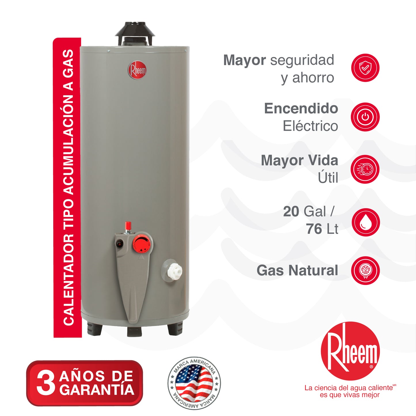CALENTADOR DE AGUA A GAS DE ACUMULACIÓN RHEEM 20 GALONES / 76 LITROS