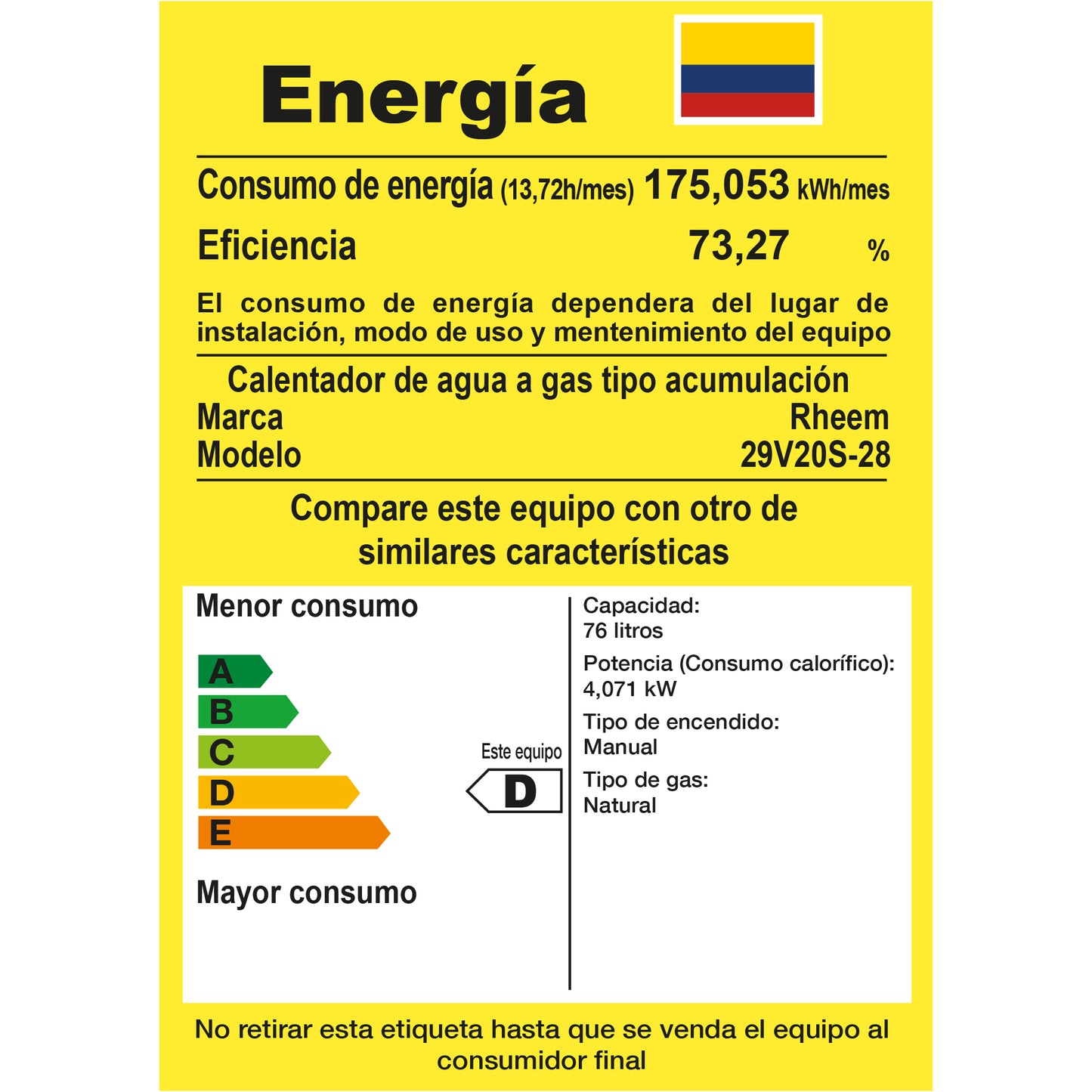 CALENTADOR DE AGUA A GAS DE ACUMULACIÓN RHEEM 20 GALONES / 76 LITROS