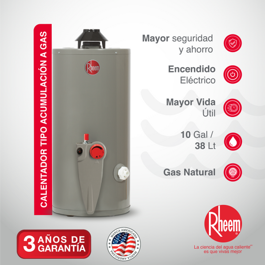 Calentador de agua a gas de acumulación Rheem  10 galones / 38 Litros