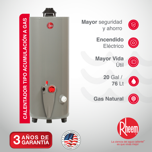 Calentador de agua a gas de acumulación RHEEM 20 galones / 76 Litros