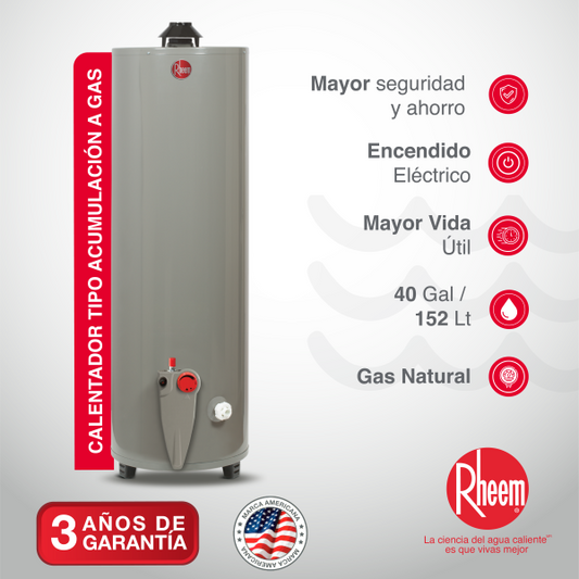 Calentador de agua a gas de acumulación Rheem 40 galones / 152 Litros